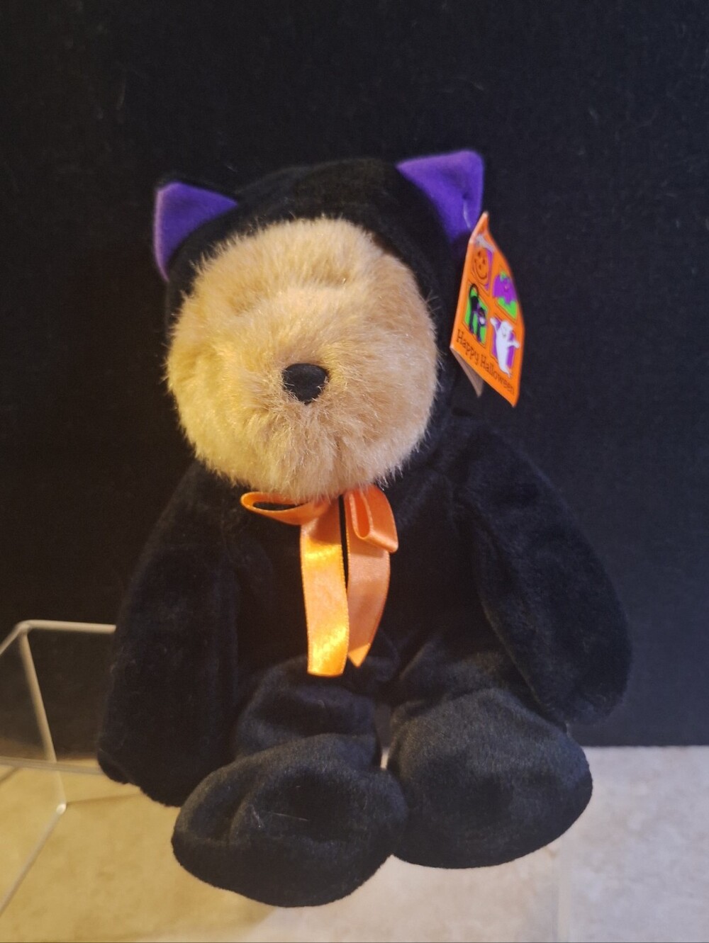 GAC Vintage 1998 Halloween Plush Brown Bear In Kitty Costume 10" Purple Ears